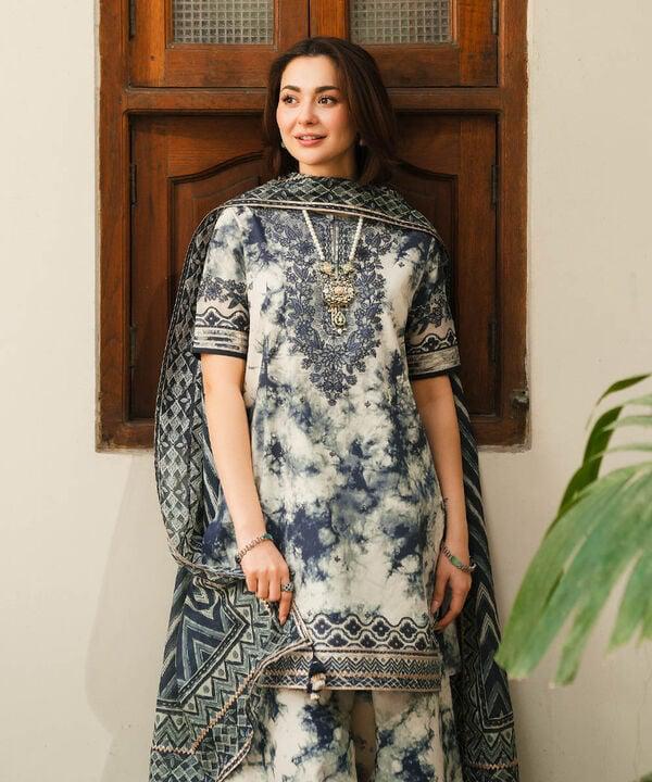 3PC-Printed Lawn Shirt With Voile Printed Dupatta-1542